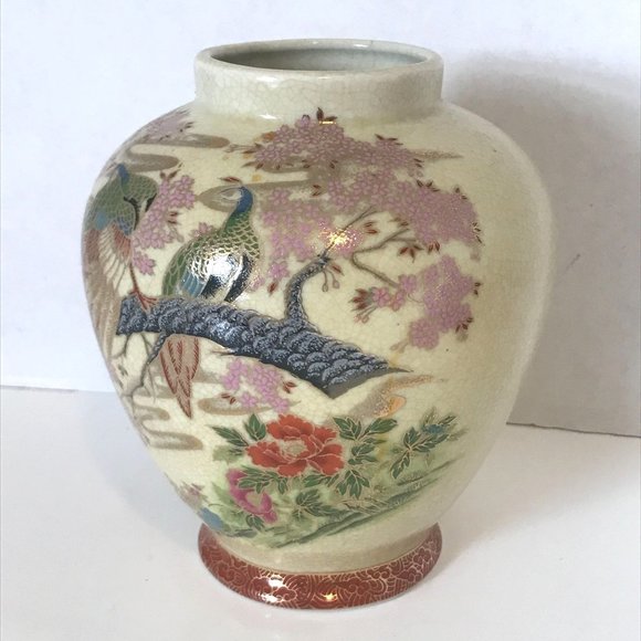 Vintage Japanese Vase Planter Peacock Birds and Cherry Blossom Trees Excellent C - Picture 2 of 16